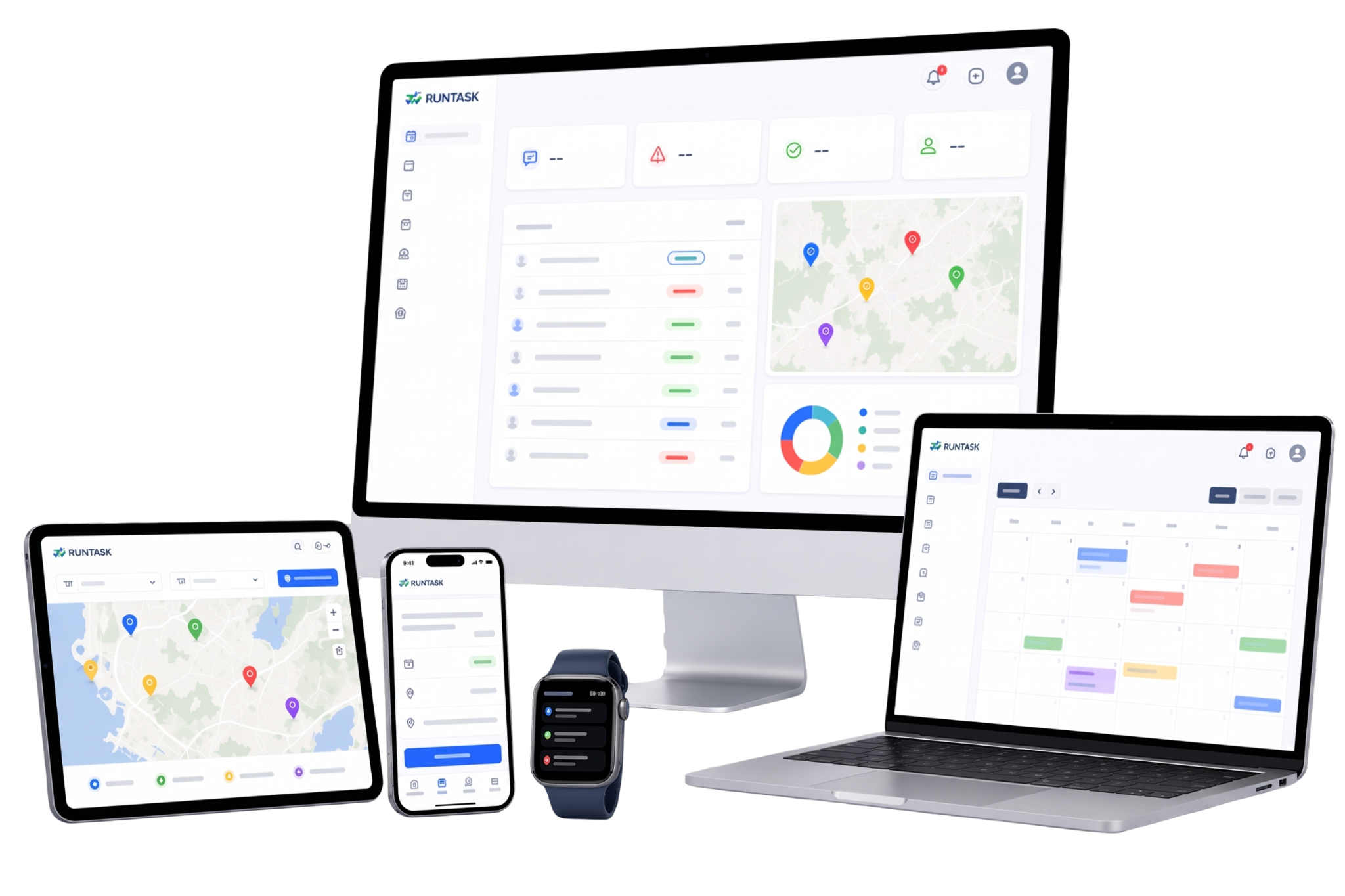Mockup RunTask su desktop, notebook, tablet, smartphone e smartwatch