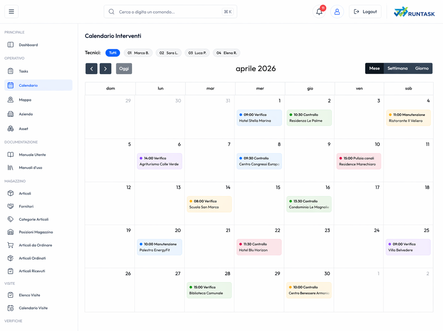 Calendario RunTask per la pianificazione degli interventi
