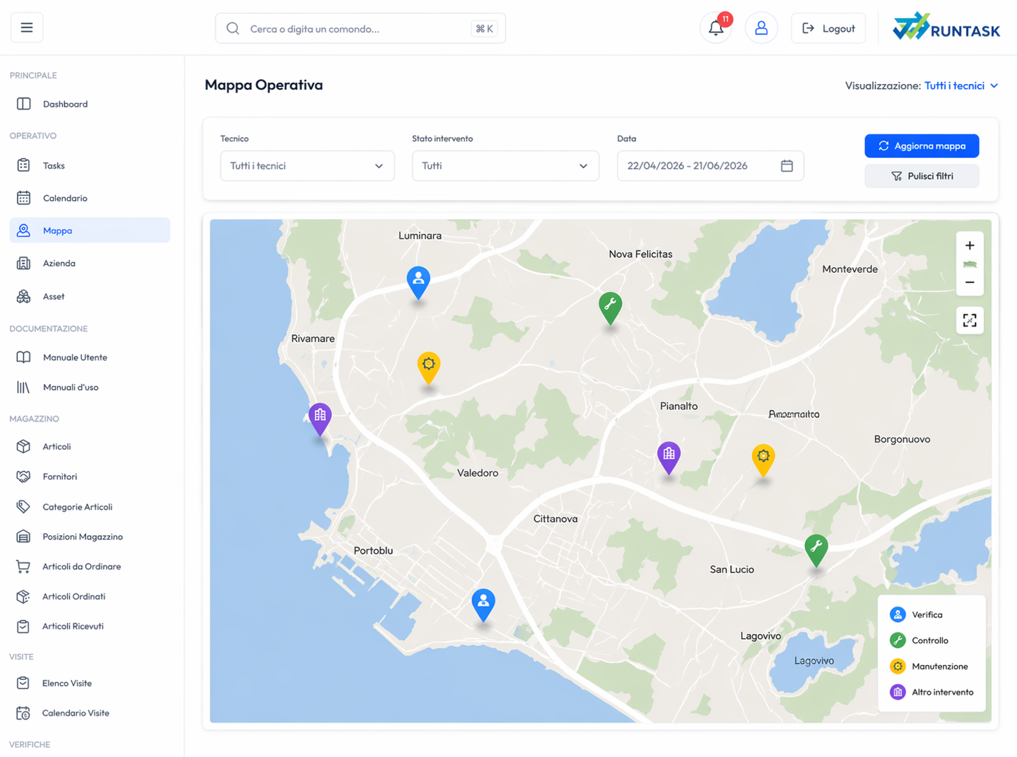 Mappa RunTask con asset e interventi distribuiti sul territorio