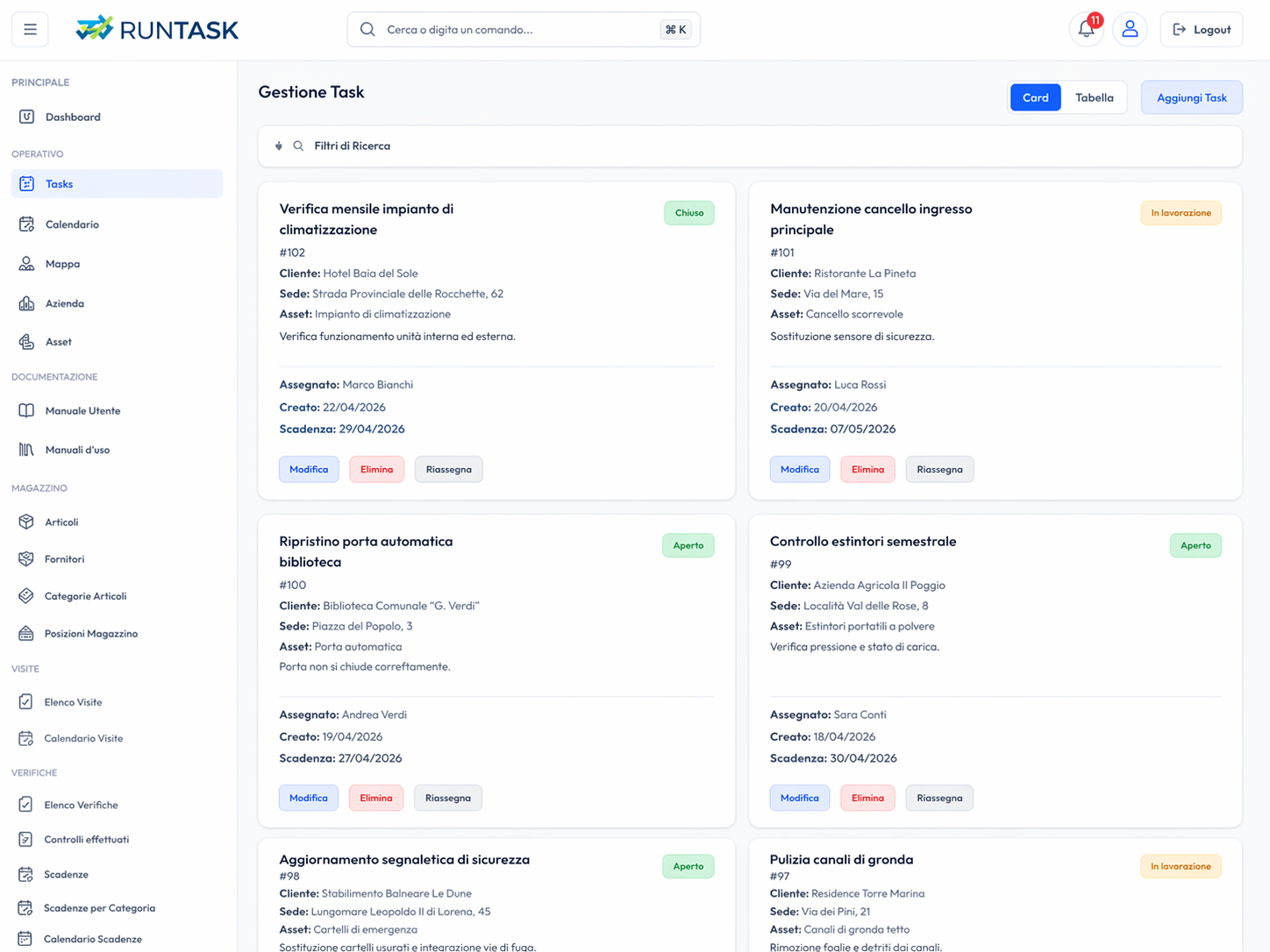 Dashboard RunTask con elenco attività, stati e assegnazioni